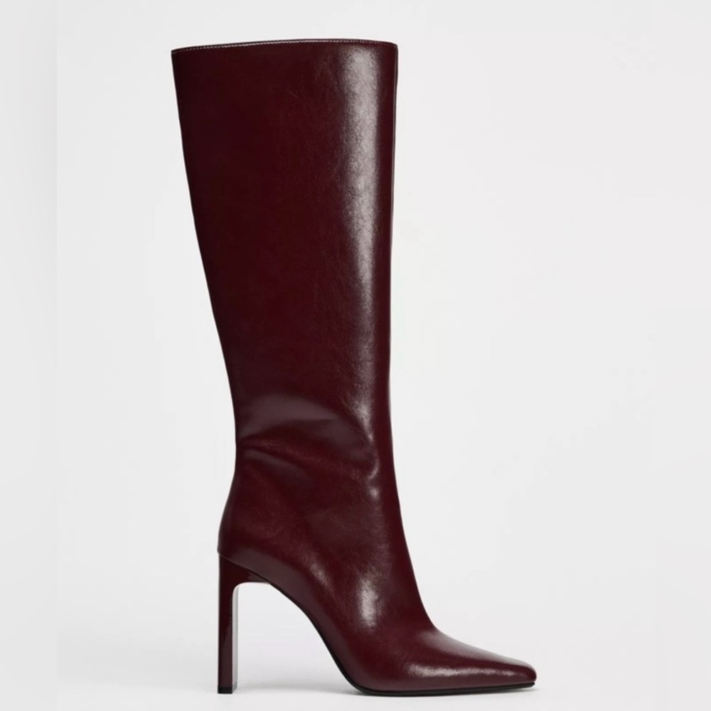 ZARA Women’s Faux Leather Knee High Burgundy Boots with Wide Heel Size EU 40
